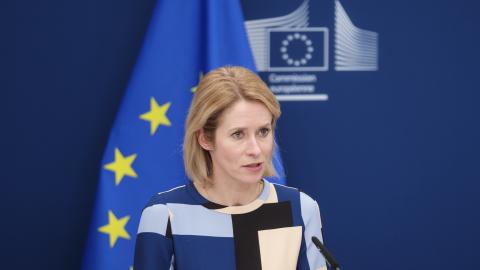 Kaja Kallas talks to the media on February 4, 2025, in Brussels, Belgium. (Getty Images)