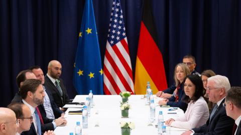 14 February 2025, Bavaria, Munich: Federal President Frank-Walter Steinmeier, J.D. Vance, Vice President of the United States of America, and Annalena Baerbock (Alliance 90/The Greens), Foreign Minister, meet for talks at the Munich Security Conference. The 61st Munich Security Conference (MSC) will take place from February 14 to 16, 2025 at the Hotel Bayerischer Hof in Munich. Photo: Sven Hoppe/dpa (Photo by Sven Hoppe/picture alliance via Getty Images)