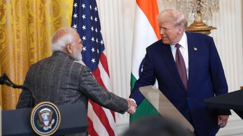 President Donald Trump and Indian Prime Minister Narendra Modi hold a joint press conference in the East Room at the White House on February 13, 2025, in Washington, DC. (Photo by Andrew Harnik/Getty Images)