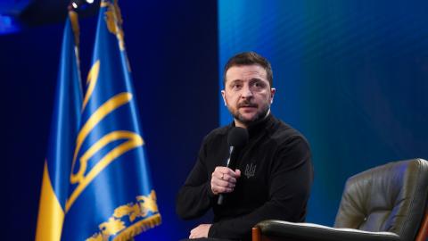 President of Ukraine Volodymyr Zelenskyy gives a press conference on February 23, 2025, in Kyiv, Ukraine. (Getty Images)
