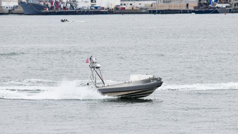 Global Autonomous Reconnaissance Craft from Unmanned Surface Vessel Squadron 3 operates remotely in San Diego Bay on May 15, 2024. (US Navy photo)