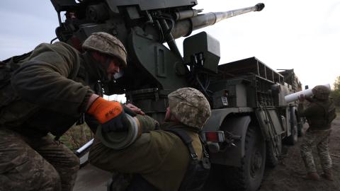 Gunners from 43rd Separate Mechanized Brigade of the Armed Forces of Ukraine fire at Russian position with a 155 mm self-propelled howitzer 2C22 "Bohdana", in the Kharkiv region, on April 21, 2024, amid the Russian invasion in Ukraine. (Photo by Anatolii STEPANOV / AFP) (Photo by ANATOLII STEPANOV/AFP via Getty Images)