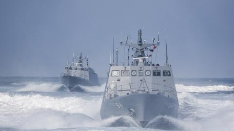 Two KH-6 Fast Attack Missile Boats sail in formation during a combat readiness exercise at the Zuoying Naval Base in Kaohsiung on January 9, 2025. (Photo by I-Hwa Cheng / AFP) (Photo by I-HWA CHENG/AFP via Getty Images)