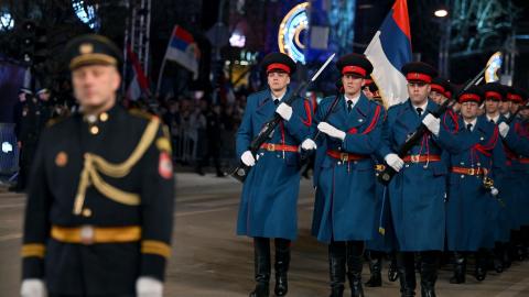 Bosnian Serb police officers march during a parade as part of a ceremony marking “Republika Srpska Day” in Banja Luka, Bosnia and Herzegovina, on January 9, 2025. (Getty Images) 