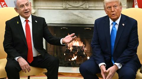 US President Donald Trump (R) meets with Israel's Prime Minister Benjamin Netanyahu in the Oval Office of the White House in Washington, DC, on February 4, 2025. (Photo by ANDREW CABALLERO-REYNOLDS / AFP) (Photo by ANDREW CABALLERO-REYNOLDS/AFP via Getty Images)