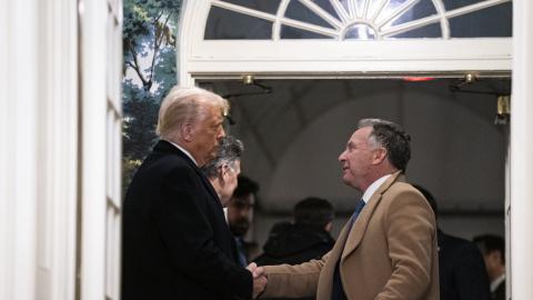 President Donald Trump shakes hands with US Special Envoy to the Middle East Steve Witkoff on February 11, 2025, in Washington, DC. (Al Drago via Getty Images)