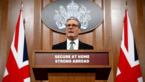 Britain's Prime Minister Keir Starmer delivers a speech on defence and security spending during a press conference at the Downing Street Briefing Room in central London on February 25, 2025. (Leon Neal/AFP via Getty Images)