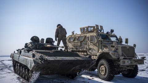 93rd Brigade training with an International M1224 MaxxPro Mine-Resistant Ambush Protected infantry transport vehicle and two Soviet BMP-2 infantry fighting vehicles in Donetsk Oblast, Ukraine, on February 27, 2025. (Jose Colon/Anadolu via Getty Images)