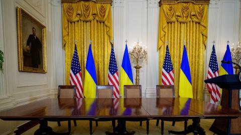 A signing table remains in the East Room after Ukrainian President Volodymyr Zelensky leaves the White House early on February 28, 2025, in Washington, DC. (Andrew Harnik via Getty Images)