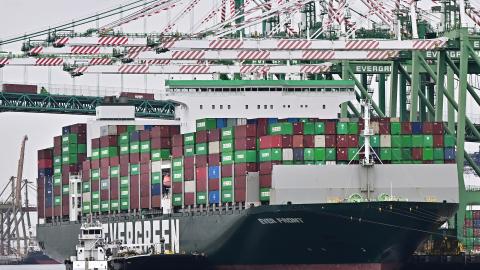 A cargo ship full of containers docks at the Port of Los Angeles, on March 5, 2025, in San Pedro, California. (Frederic J. Brown/ AFP via Getty) 