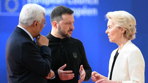 European Commission President Ursula von der Leyen greets Ukraine's President Volodymyr Zelensky as he arrives at the Special European Council in Brussels on March 6, 2025. (Nicolas Tucat/AFP via Getty Images)