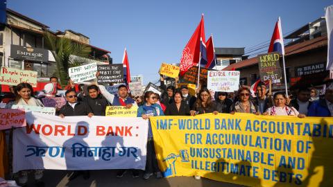 Climate activists demonstrate in Kathmandu, Nepal, on March 14, 2025, demanding $5 trillion in climate reparations for Global South countries. (Subaas Shrestha/NurPhoto via Getty Images)