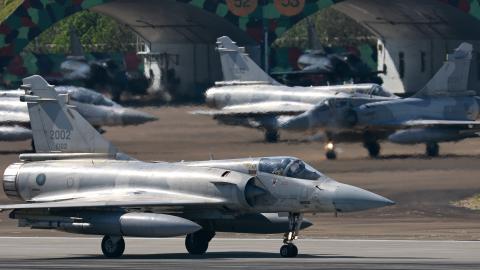 A Taiwanese Air Force Mirage 2000-5 fighter jet prepares to take off at an airbase in Hsinchu, Taiwan, on 7 November, 2024. (Getty Images)