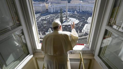 Pope Francis waves to the faithful gathered in St. Peter’s Square during his Sunday Angelus blessing on the World Youth Day on November 24, 2024, in Vatican City. (Getty Images)