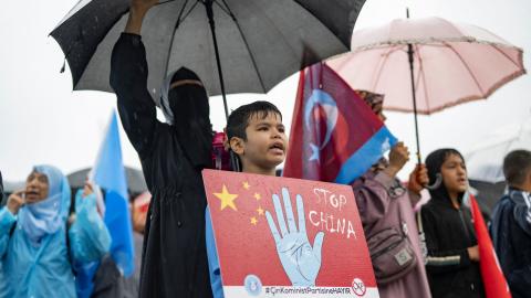 Ethnic Uyghur demonstrators take part in a protest against China near the Chinese consulate in Istanbul on October 1, 2023. (Yasin Akgul via Getty Images)