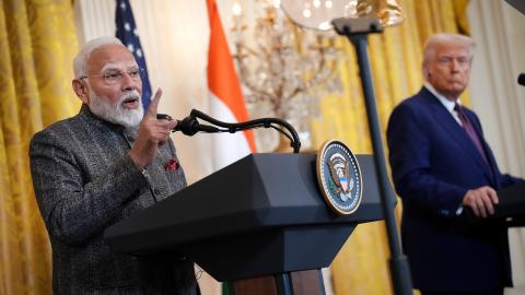 President Donald Trump (R) and Indian Prime Minister Narendra Modi hold a joint press conference in the East Room at the White House on February 13, 2025 in Washington, DC. Prime Minister Modi is meeting with President Trump to discuss tariffs and trade relations in the wake of President Trump’s announcement on implementing reciprocal tariffs. (Photo by Andrew Harnik/Getty Images)