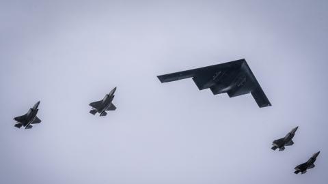 US Air Force F-35 Lighting IIs and a B-2 Spirit fly over Joint Base Elmendorf-Richardson, in Alaska on August 15, 2025. (US Air Force photo)