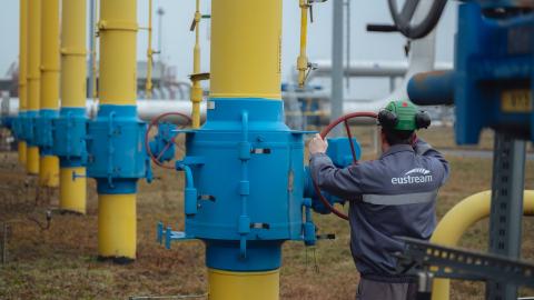 A worker carries out daily tasks at the Eustream gas facility on February 28, 2025 in Velke Kapusany, Slovakia. (Getty Images)