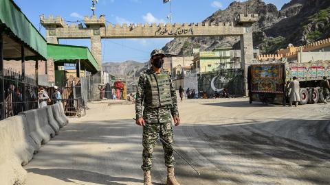 A Pakistani border security guard stands near the Torkham International Border Crossing between Afghanistan and Pakistan in Nangarhar Province on April 20, 2025. (Getty Images)