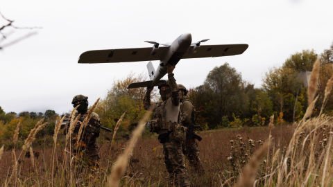 Ukrainian soldiers prepare a UAV for launch on September 24, 2025, in Kharkiv Oblast, Ukraine. (Getty Images)
