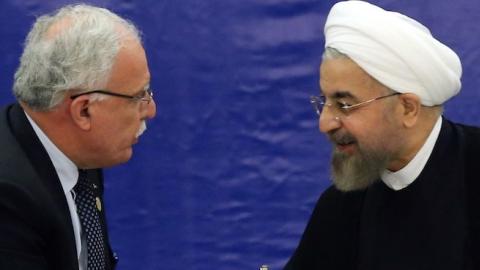 Palestinian Foreign Minister Riyad al-Maliki (L) and Iranian President Hassan Rouhani shake hands during a meeting in Tehran held by the Palestine Committee of the Non-Aligned Movement (NAM) on August 4, 2014. (ATTA KENARE/AFP/Getty Images)