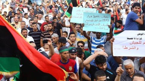 Libyans take part in a demonstration in the capital Tripoli on July 31, 2014, calling for international intervention to protect civilians. (MAHMUD TURKIA/AFP/Getty Images)