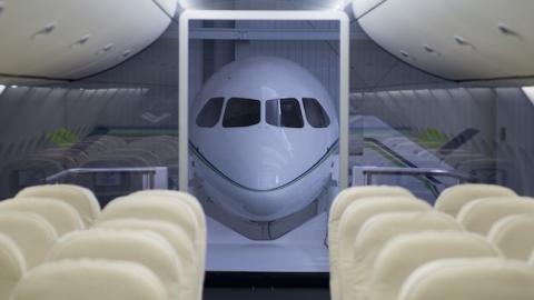 Logo of the Commercial Aircraft Corp. of China (COMAC) in a model of the C919 at the research center of Comac in Shanghai. July 4, 2014. (JOHANNES EISELE/AFP/Getty Images)