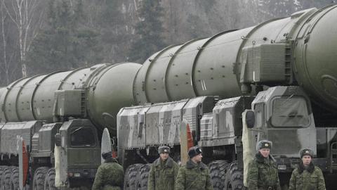 Russian Topol ICBMs missiles during a rehearsal for the nation's annual May 9 Victory Day parade, 50 km outside Moscow in Yushkovo, March 18, 2008. (DIMA KOROTAYEV/AFP/Getty Images)