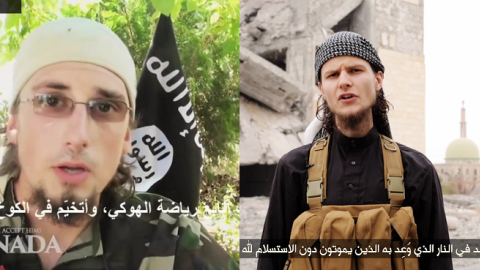 Screenshots of Canadians André Poulin of Ontario and John Maguire of Ottawa in ISIS recruitment videos.