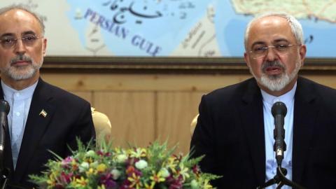 Iranian Foreign Minister Mohammad Javad Zarif (R) and the head of Iran's Atomic Energy Organization Ali Akbar Salehi (L), July 15, 2015, (ATTA KENARE/AFP/Getty Images)
