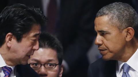Japan's Prime Minister Shinzo Abe and U.S. President Barack Obama (R) attend the opening session of the at the 2014 Nuclear Security Summit on March 24, 2014 in The Hague, Netherlands. (Yves Herman - Pool/Getty Images)