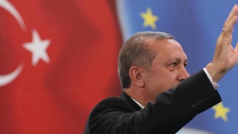 Turkeys Prime Minister Recep Tayyip Erdogan during a rally for the 10th anniversary of the Union of European Turkish Democrats (UETD) at Albert-Schultz-Hall in Vienna, Austria on June 19, 2014. (Kayhan Ozer/Anadolu Agency/Getty Images)
