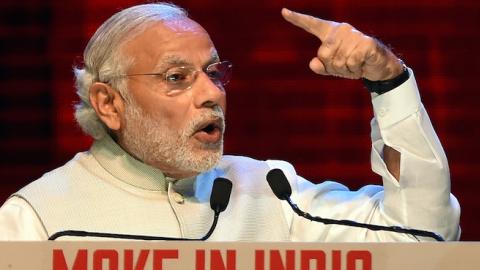 Indian Prime Minister Narendra Modi speaks during part of the opening ceremony of 'Make in India Week' in Mumbai on February 13, 2016. (PUNIT PARANJPE/AFP/Getty Images)
