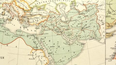 Map Of The Umayyad Caliphate Empire In 750 And The Islamic Empire In 1215. (Universal History Archive/UIG via Getty Images)