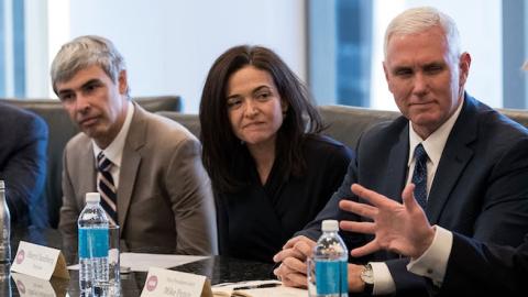 (L to R) Jeff Bezos, Larry Page, Sheryl Sandberg, Vice President-elect Mike Pence listen as President-elect Donald Trump speaks during a meeting of technology executives at Trump Tower, December 14, 2016 in New York City. (Drew Angerer/Getty Images)