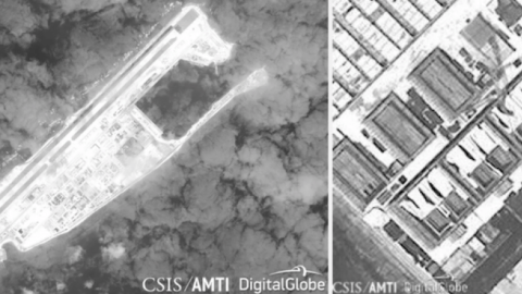 A satellite image shows what CSIS Asia Maritime Transparency Initiative says appears to be concrete structures with retractable roofs on the artificial island Fiery Cross reefs in the South China Sea in this image taken February 7, 2017 and released on Fe