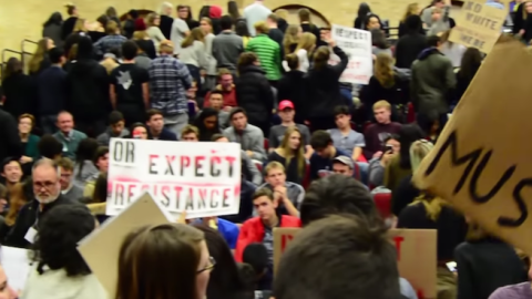 Screenshot of Middlebury College protest against author Charles Murray, March 2, 2017. (VTDigger Video/YouTube Screenshot)