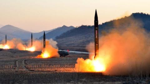The launch of four ballistic missiles by the Korean People's Army (KPA) during a military drill at an undisclosed location in North Korea, March 7, 2017. (KCNA/STR/AFP/Getty Images)