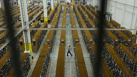 A general view shows the storage shelves at US online retail giant Amazon's Brieselang logistics center, west of Berlin on November 11, 2014. (JOHN MACDOUGALL/AFP/Getty Images)