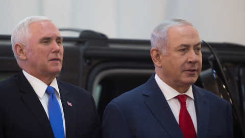 US vice President Mike Pence (L) is seen with Israeli Prime Minister Benjamin Netanyahu during an official welcome ceremony at the Prime Minister's Office on January 22, 2018 in Jerusalem, Israel. (Lior Mizrahi/Getty Images)