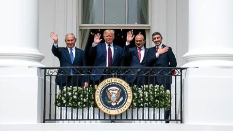 U.S. President Donald Trump (2nd L), Israeli Prime Minister Benjamin Netanyahu (L), UAE Foreign Minister Abdullah bin Zayed Al Nahyan (R) and Bahrain Foreign Minister Abdullatif bin Rashid Al Zayani (2nd R) on Sept. 15, 2020.