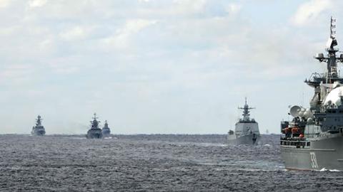 Chinese and Russian warship formations sail through the Tsugaru Strait during the naval exercise Joint Sea-2021 on October 18, 2021 in the Pacific Ocean. (Photo by Sun Zifa/China News Service via Getty Images)