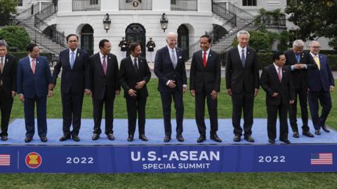 U.S. President Joe Biden and ASEAN leaders pose for a group photo on the South Lawn of the White House in Washington, DC, May 12, 2022. (Photo by Oliver Contreras/for The Washington Post via Getty Images)