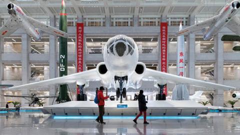 A military plane exhibition marks the 72nd anniversary of the founding of the Chinese PLA Air Force at the Military Museum of The Chinese People's Revolution on November 11, 2021 in Beijing, China. (Photo by Hou Yu/China News via Getty Images)