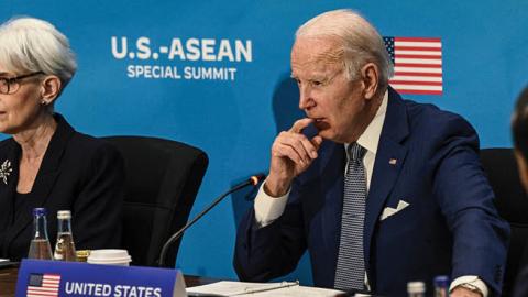 U.S. President Joe Biden participates in the U.S.-ASEAN Special Summit in Washington, DC, on May 13, 2022. (Photo by Brendan SMIALOWSKI / AFP via Getty Images)