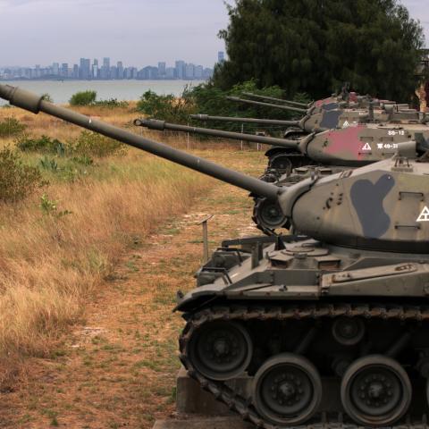 Retired M41 “Walker Bulldog” light tanks, which served the Taiwanese Army for 63 years, are on display by a beach on October 7, 2023, in Kinmen, Taiwan. (Photo by Alex Wong/Getty Images)