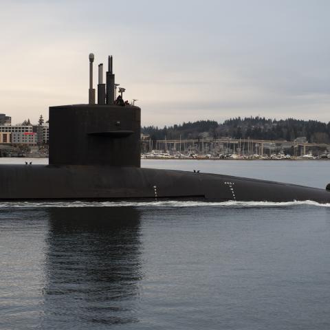 The Ohio-class ballistic missile submarine USS Louisiana transits Puget Sound on February 9, 2023. (US Navy photo by Mass Communication Specialist 1st Class Brian G. Reynolds)