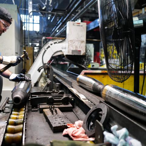 An employee checks 155 mm caliber shells at the Scranton Army Ammunition Plant in Scranton, Pennsylvania, on April 16, 2024. (Charly Triballeau/AFP via Getty Images)