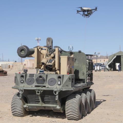 A US Army Origin autonomous weapons system operates during Project Convergence 22 experimentation on October 26, 2022, in Fort Irwin, California. (DVIDS)