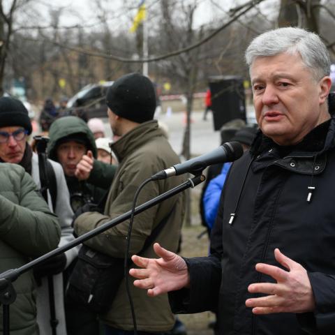  Former President of Ukraine Petro Poroshenko delivers a speech during a commemorative ceremony for the participants of the Revolution of Dignity who perished 10 years ago on the Alley of Heavenly Hundred Heroes on the Heavenly Hundred Heroes Remembrance Day in Kyiv. (Photo credit should read Kirill Chubotin / Ukrinform/Future Publishing via Getty Images)